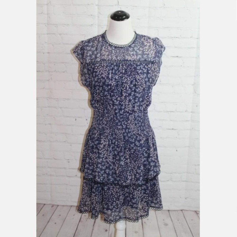 Aqua Navy Floral Cap Sleeve Dress